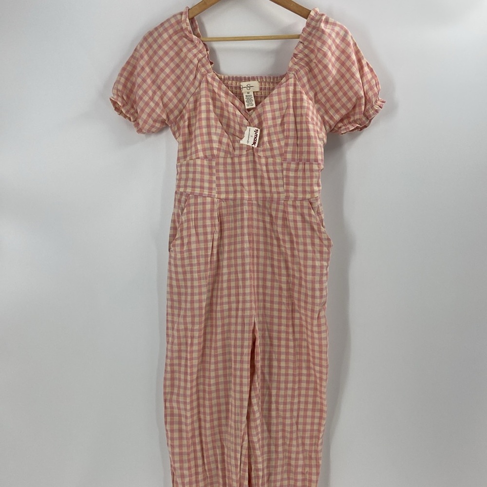 Jessica Simpson pink gingham check cotton blend  puff sleeves jumpsuit